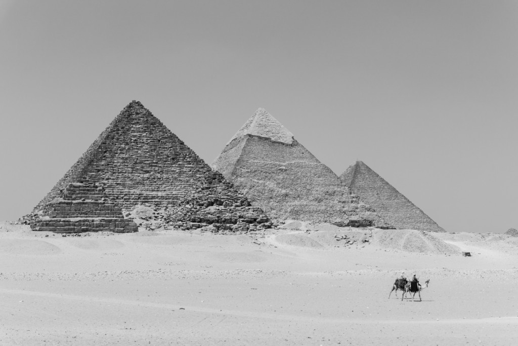 Cairo Travel Blog - 3 pyramids and camels - b&w